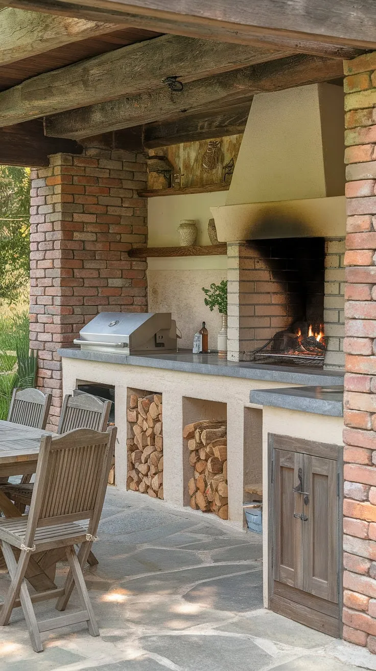A stone-floored outdoor kitchen with a fireplace and bar offers a charming blend of nature and culinary convenience.