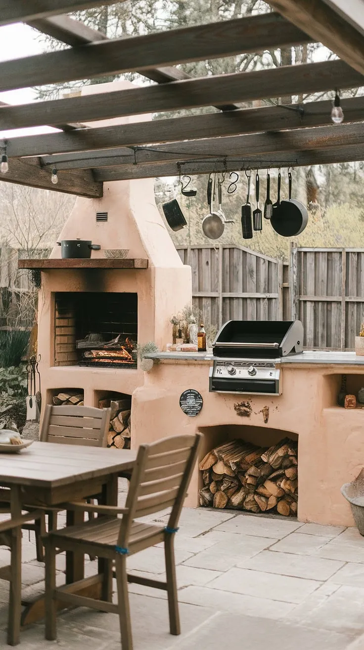 A charming backyard features a fully equipped outdoor kitchen ideal for al fresco dining and gatherings.