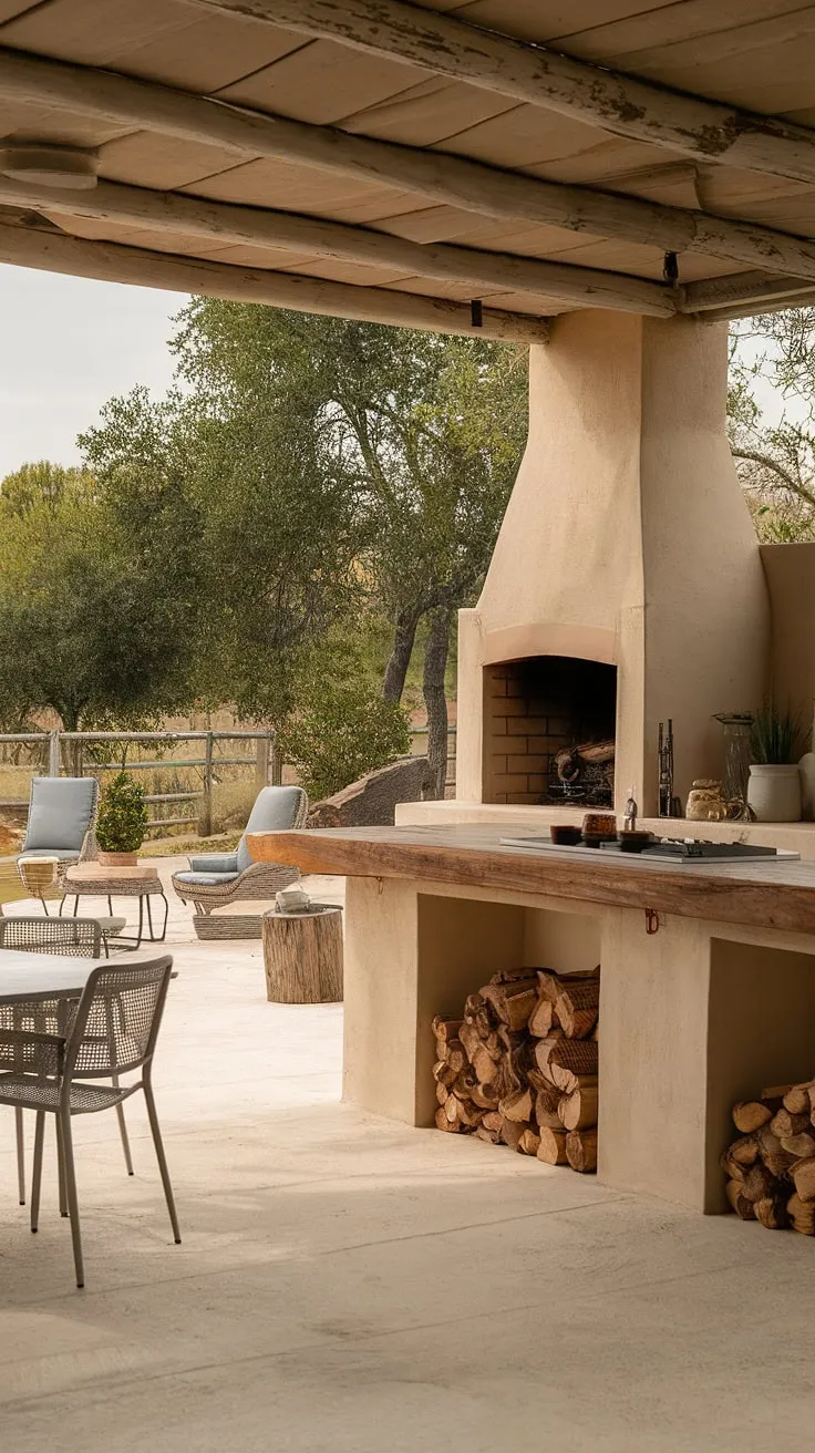 A peaceful patio scene features a charming outdoor kitchen and fireplace, perfect for al fresco dining.