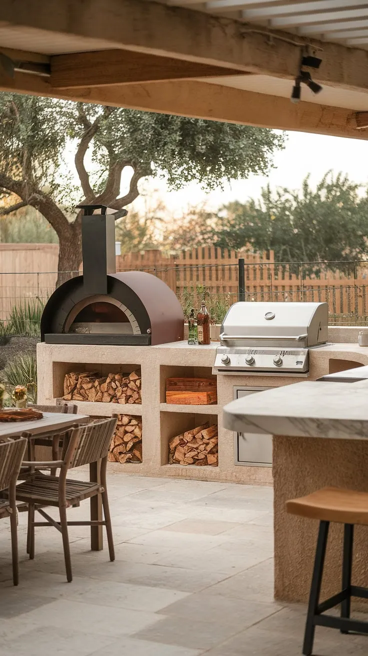 An outdoor kitchen, complete with pizza oven and grill, creates a warm and inviting backyard dining experience