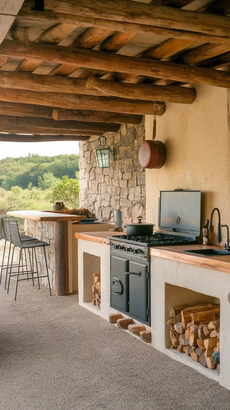 A stone-walled outdoor kitchen features a gas stove, sink, and bar, creating a perfect blend of nature and culinary convenience.
