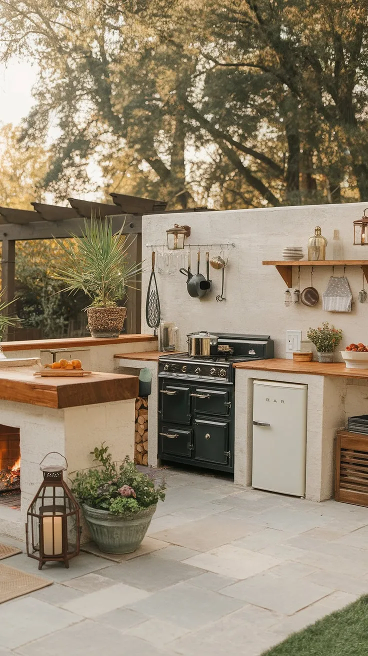 An outdoor kitchen, complete with fireplace, bar, and lush greenery, offers a charming backyard retreat