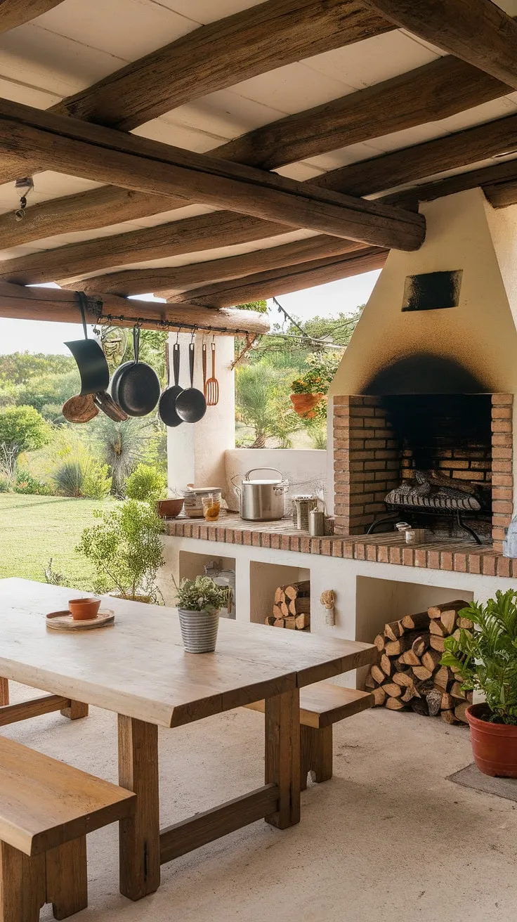 A rustic backyard kitchen, complete with fireplace and dining table, offers a charming outdoor cooking and dining experience amidst lush greenery.