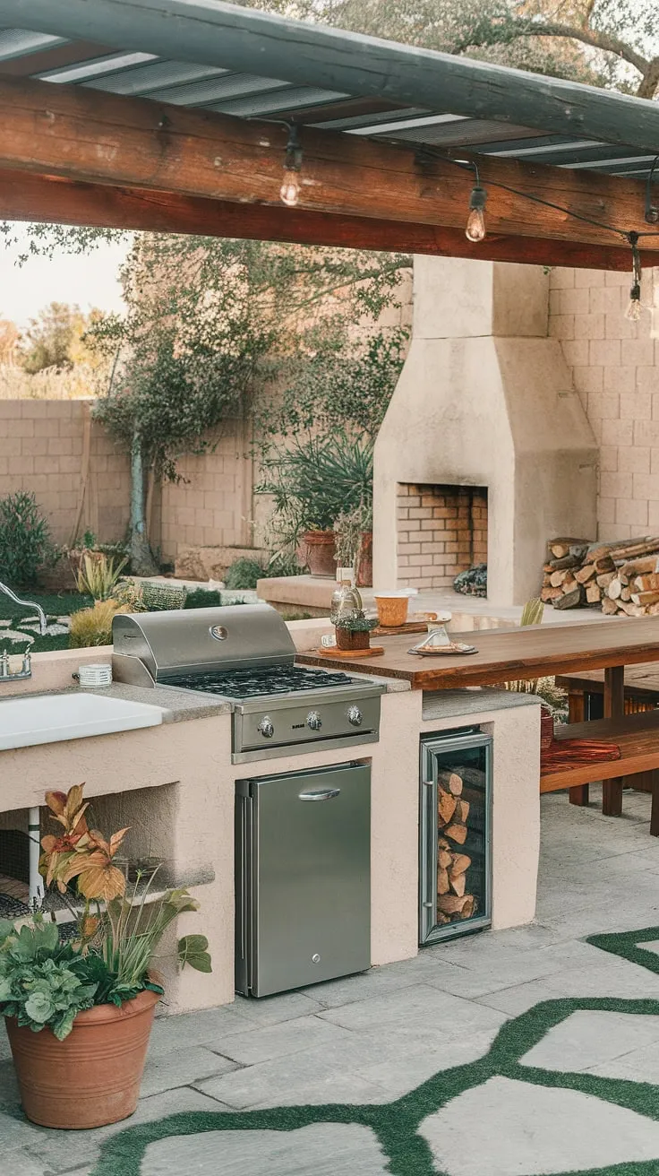 Rustic charm meets outdoor culinary convenience in this stone-paved backyard kitchen, complete with stove, sink, fridge, fireplace, and charming seating.
