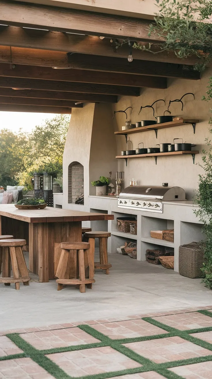 An expansive outdoor kitchen, complete with fireplace and ample seating, offers an idyllic backyard cooking and dining experience