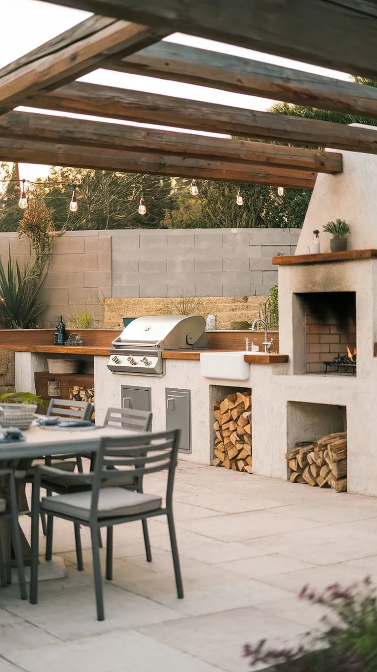 Rustic charm meets culinary convenience in this backyard kitchen, complete with grill, fireplace, and dining area.