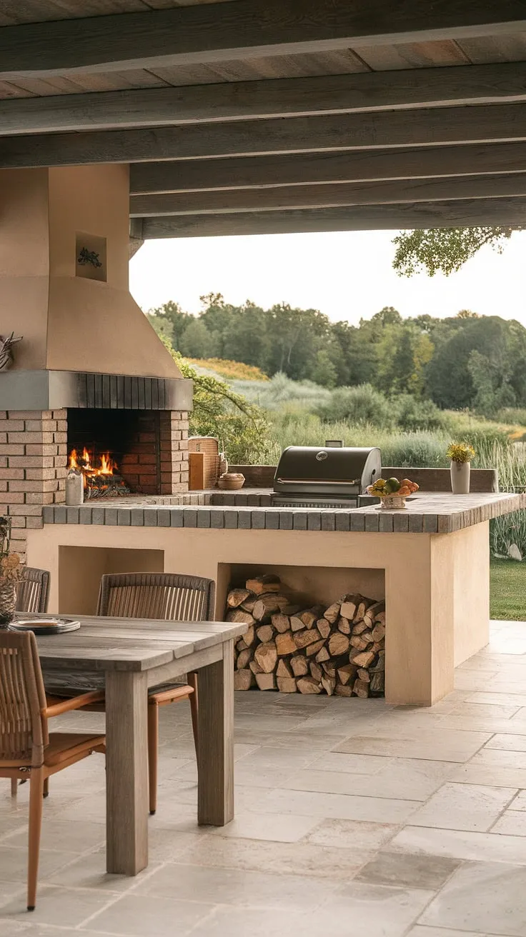An outdoor kitchen's brick oven, grill, and stone countertop create a serene and inviting space for al fresco dining