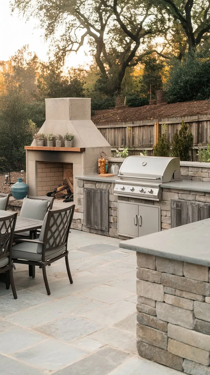 An idyllic backyard features a stone and wood outdoor kitchen complete with a fireplace, grill, and dining area.