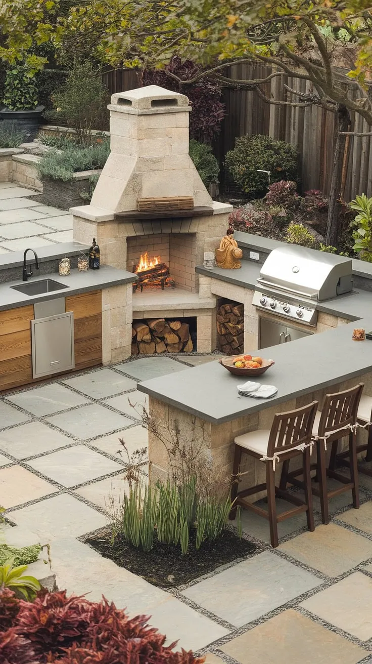 This idyllic outdoor kitchen blends natural elements with functional design for perfect al fresco dining.