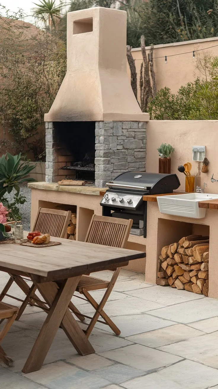 Rustic charm meets culinary convenience in this backyard kitchen, complete with stone fireplace, grill, and wooden dining area.