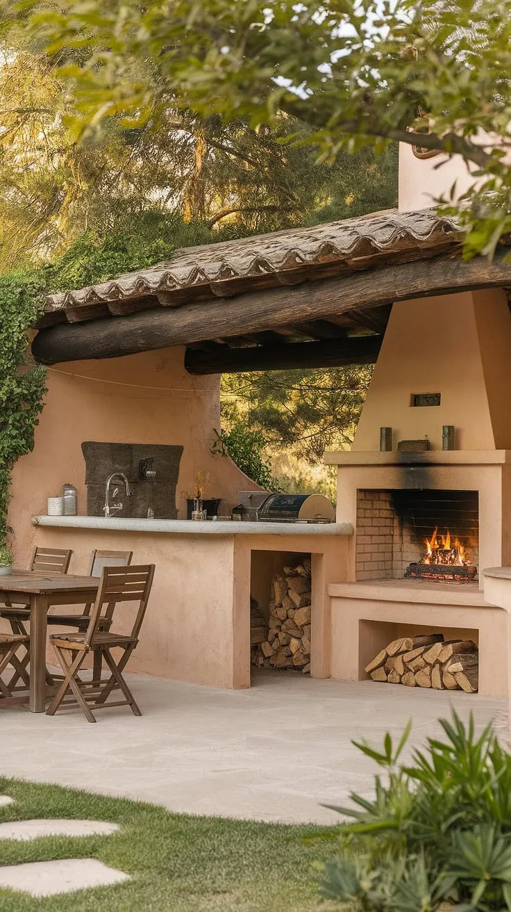 An outdoor kitchen and fireplace create a serene patio oasis perfect for entertaining