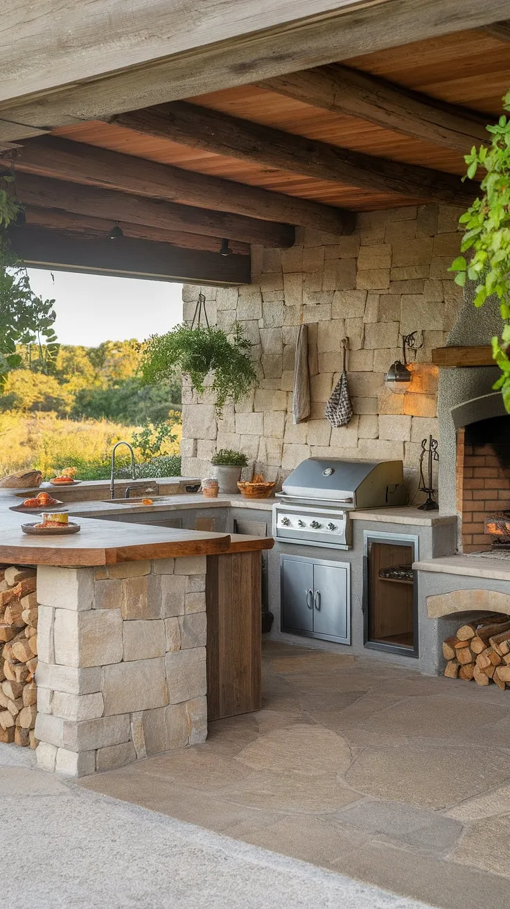 This rustic backyard kitchen, complete with fireplace, bar, and grill, offers a perfect blend of outdoor cooking and natural beauty.