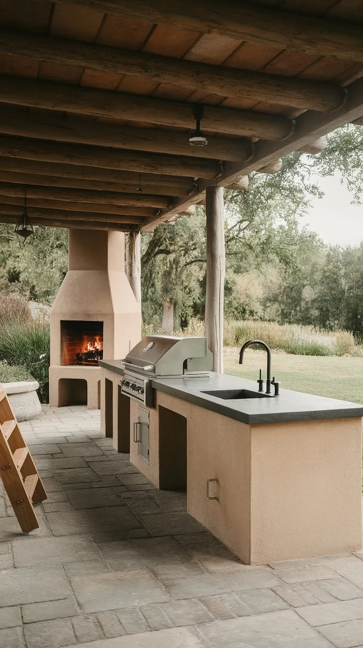 Rustic charm meets outdoor cooking in this serene backyard kitchen, complete with fireplace and grill overlooking a lush landscape.