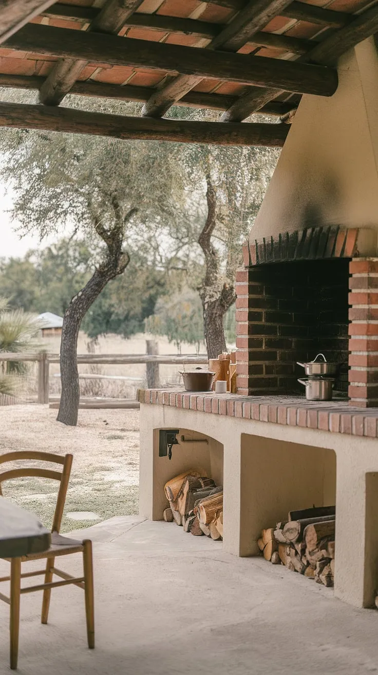 A serene backyard kitchen, built of brick and wood, offers a natural escape.