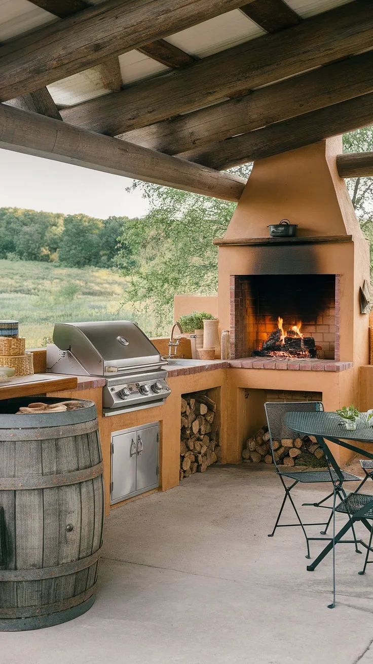 An outdoor kitchen with a fireplace, grill, and wooden accents offers idyllic cooking and dining in a verdant setting