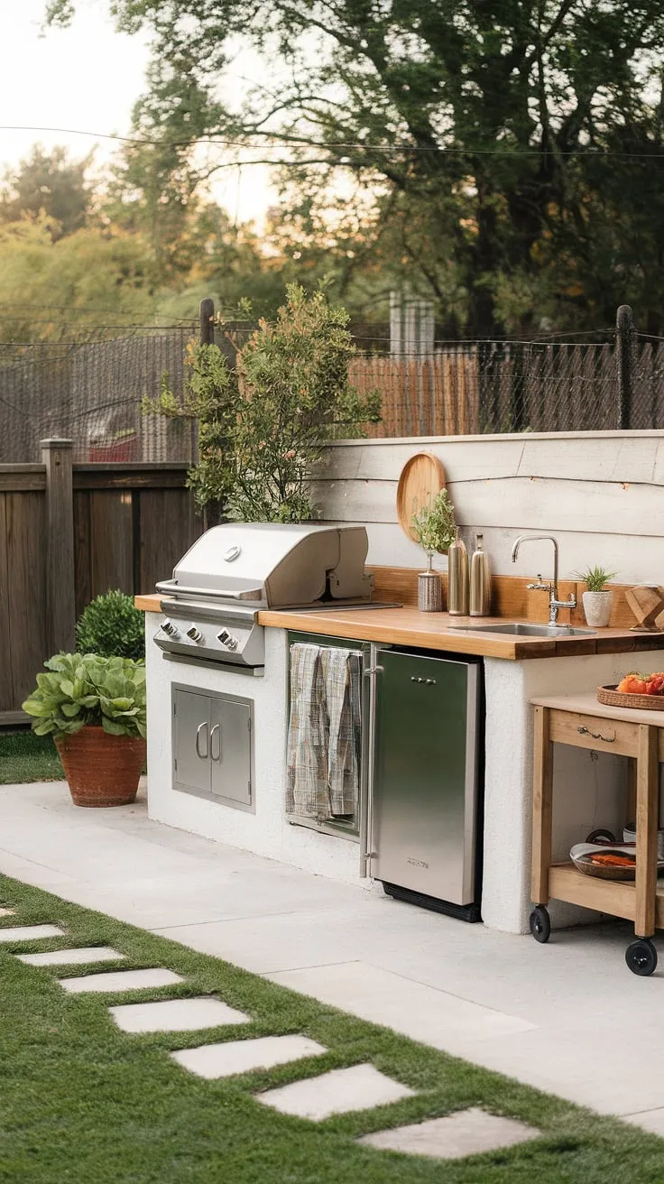 This idyllic backyard features a complete outdoor kitchen perfect for al fresco dining.