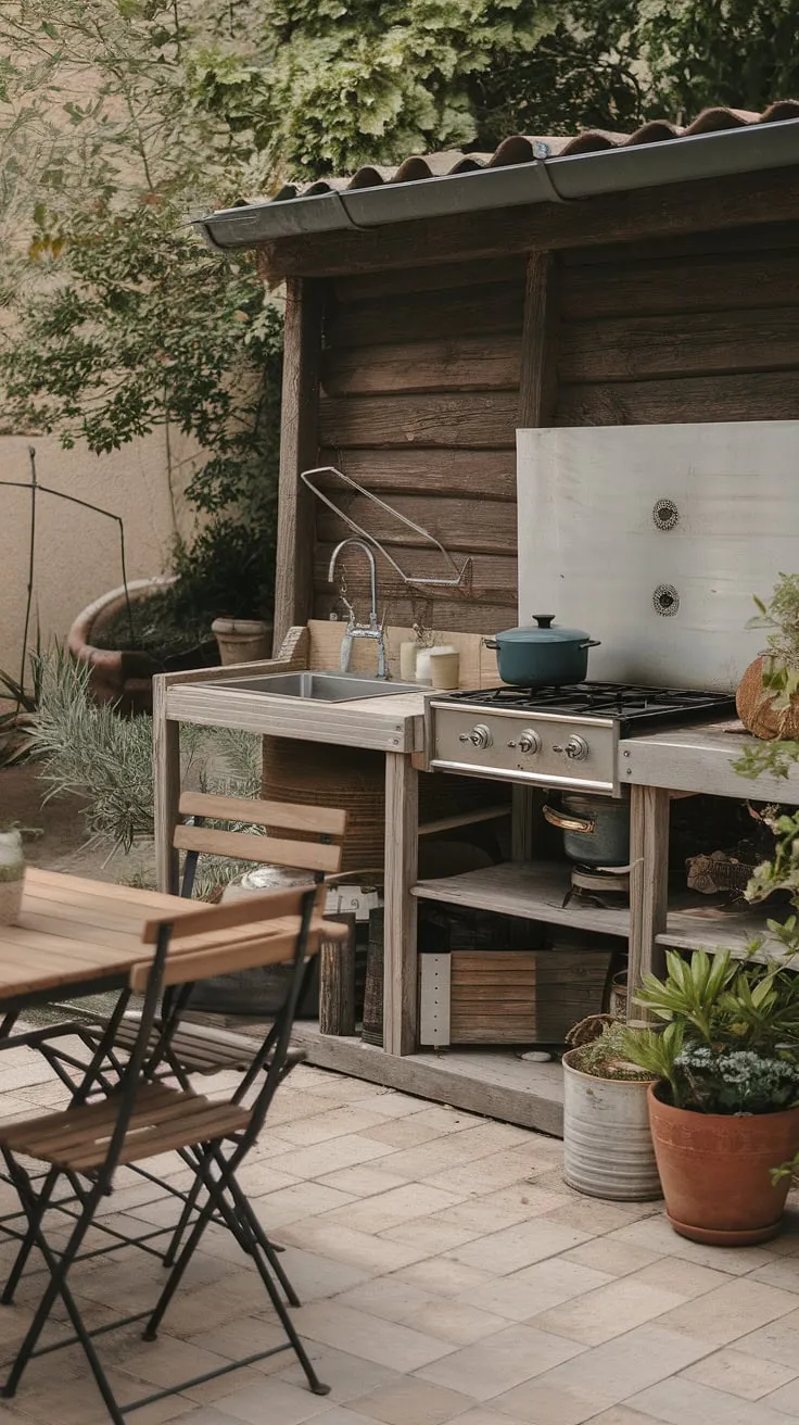 Rustic charm meets outdoor cooking in this backyard kitchen, complete with a wood-fired stove, sink, and charming dining area.