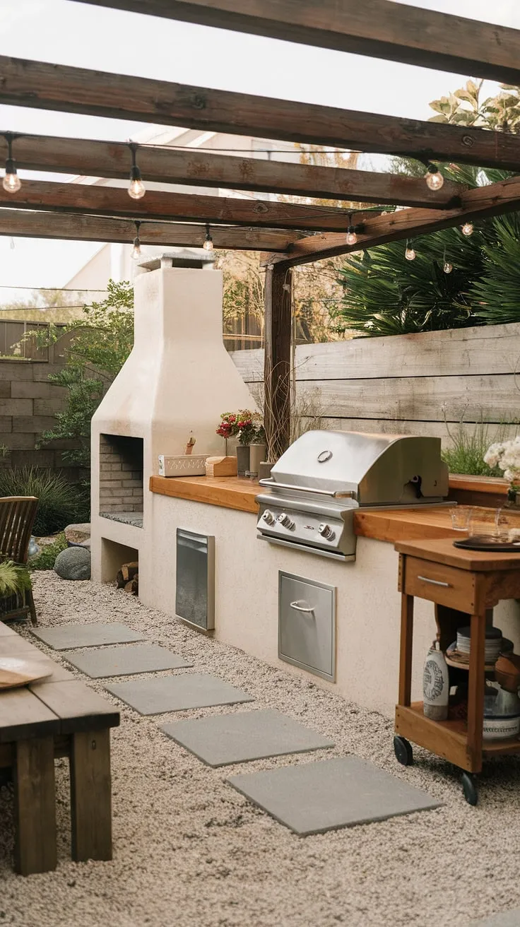 An outdoor kitchen's wooden counters, stainless steel sink, and grill create a charming backyard cooking space.