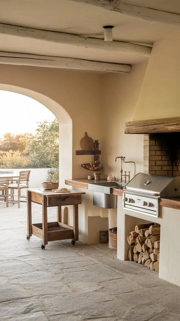 An outdoor kitchen's stone floor, wooden counters, steel sink, and grill create a charming cooking space adjacent to a patio.