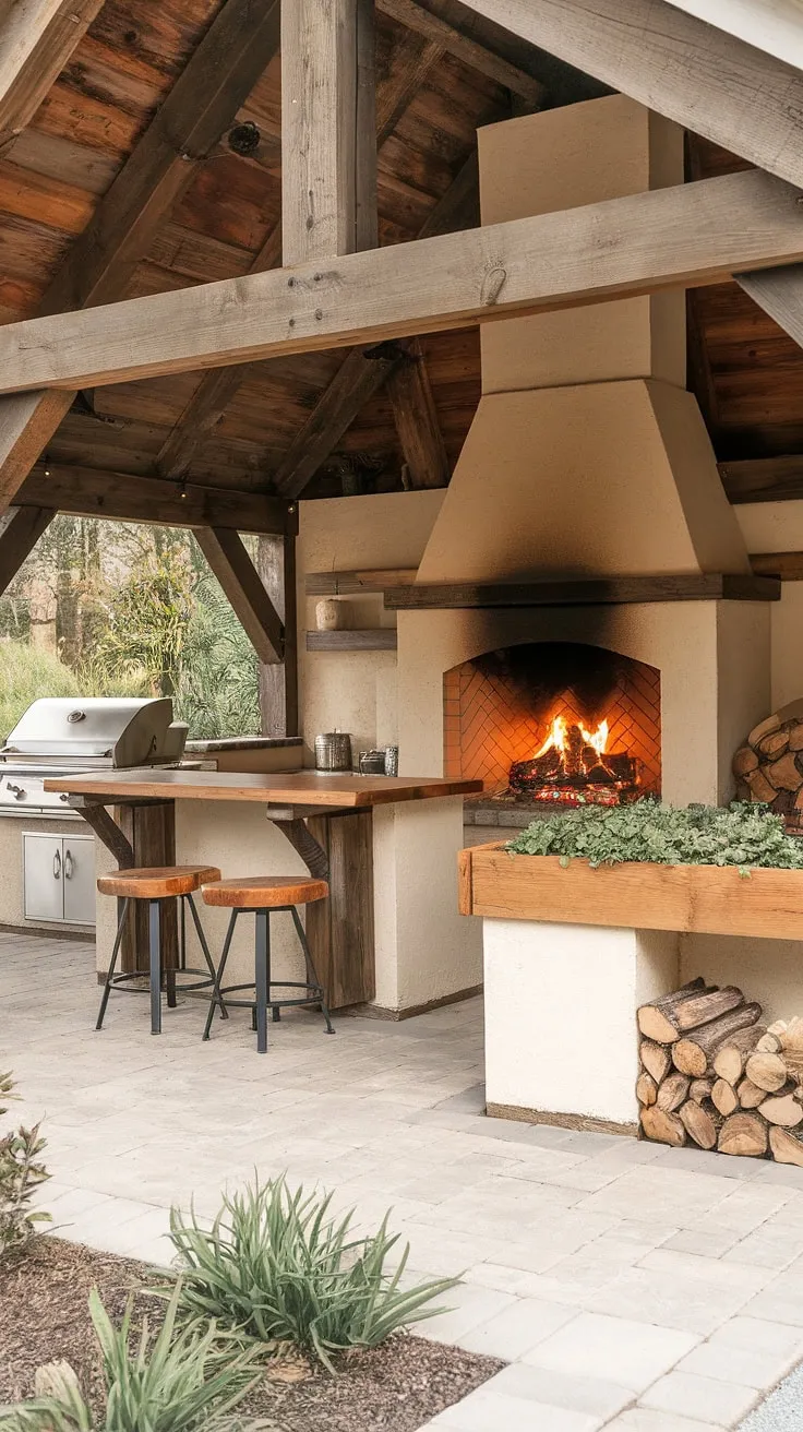 Cozy rustic backyard kitchen featuring a fireplace, grill, and wooden counter creates a welcoming outdoor cooking space.