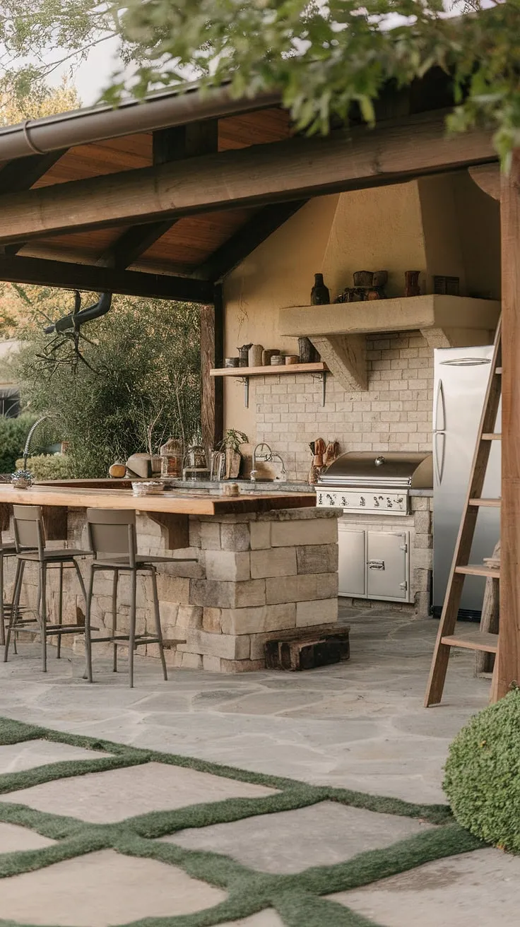 A stone-floored backyard kitchen provides a serene cooking and entertaining space.