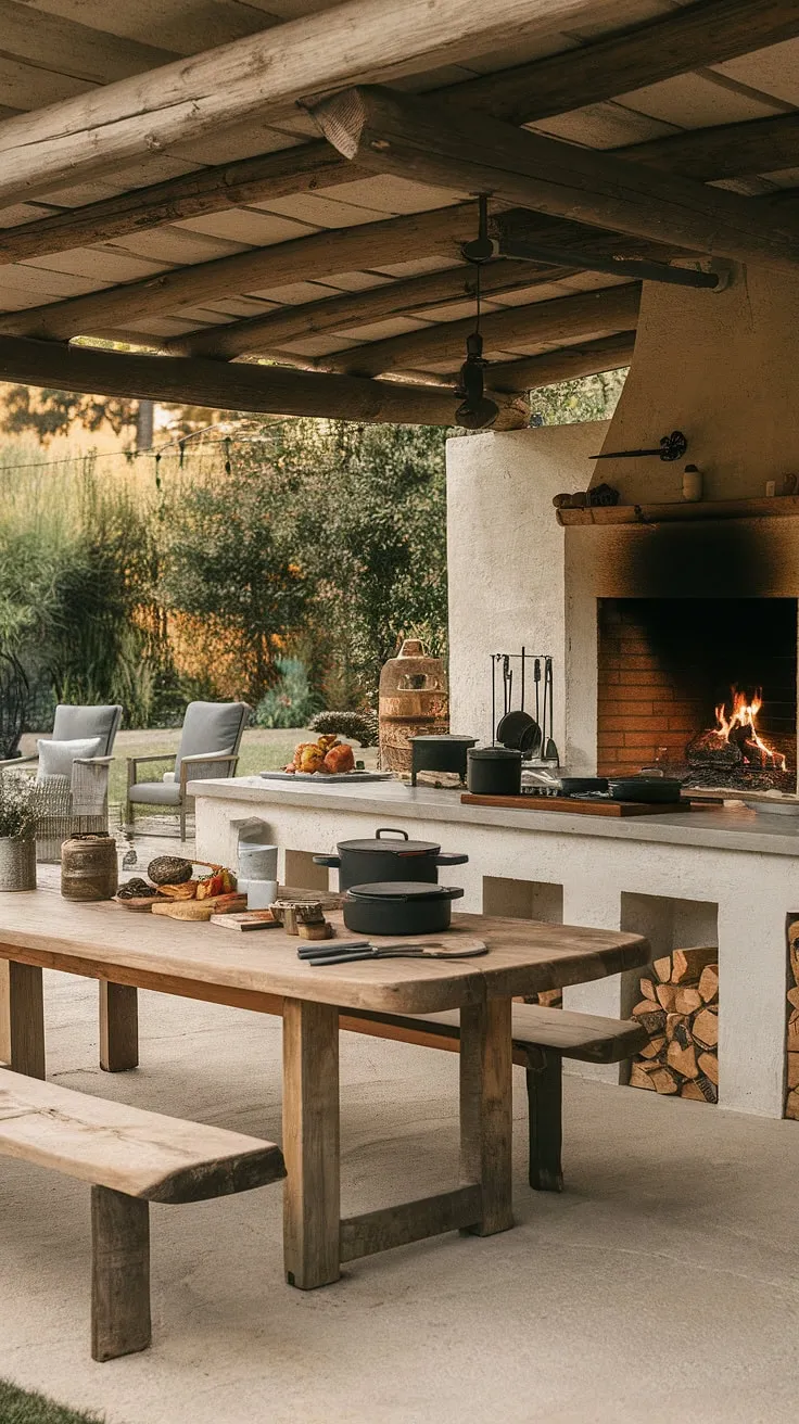 A charming outdoor space features a wooden table, fireplace, and bar perfect for al fresco dining and cooking.