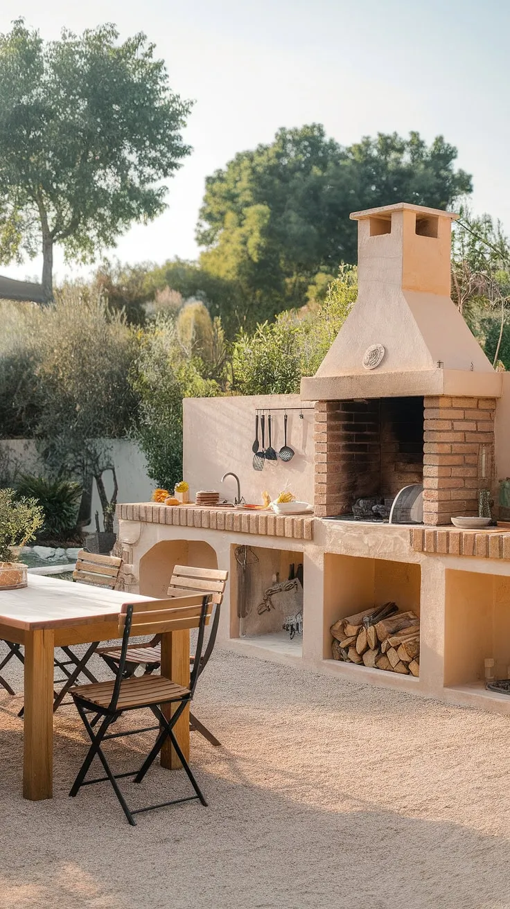 A charming outdoor kitchen, complete with brick fireplace and wooden countertop, creates a cozy backyard dining area.