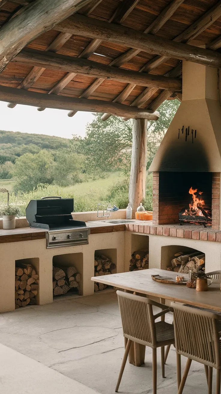 A wood-fired outdoor kitchen provides a tranquil setting amidst lush greenery for idyllic cooking and dining.