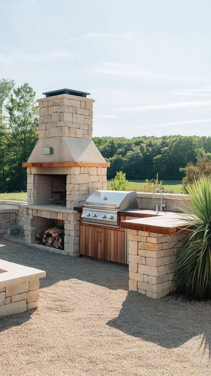 Rustic stone fireplace, wooden countertops, and lush greenery create a dreamy backyard kitchen oasis.