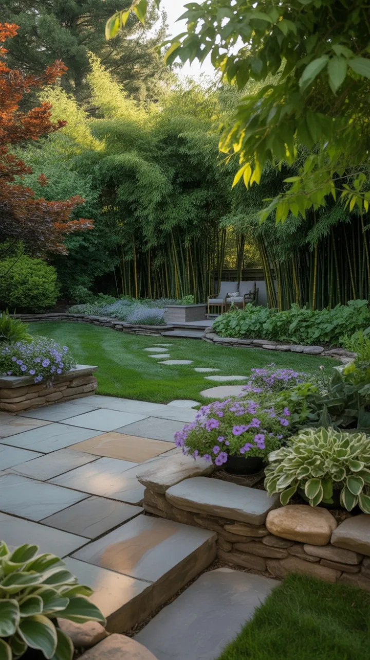 Sunlit Bamboo Garden Retreat with Flagstone Patio and Winding Riverstone Path
