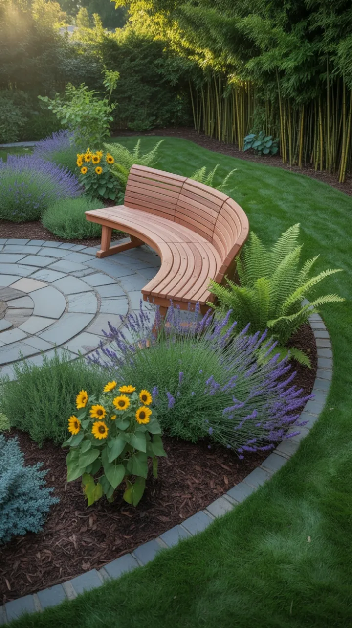 Sunlit Cedar Circle Surrounded by Lavender, Sunflowers, and Bamboo Privacy