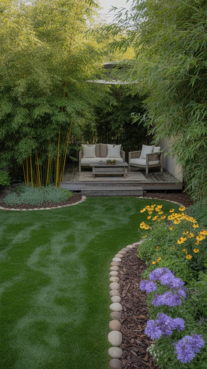 Sunlit Bamboo Retreat with Flower-Lined Lawn and Cozy Deck