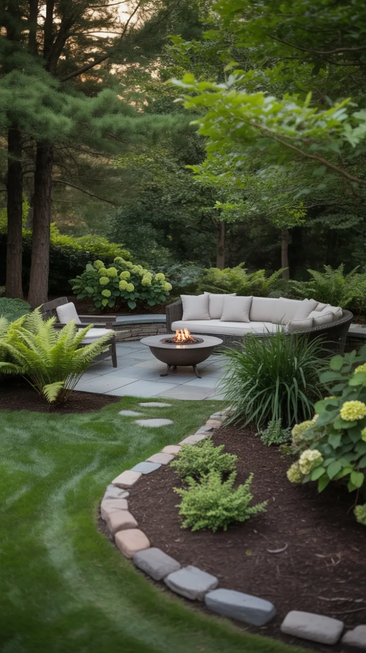 Hidden Backyard Retreat with Stone Fire Pit and Lush Gardens