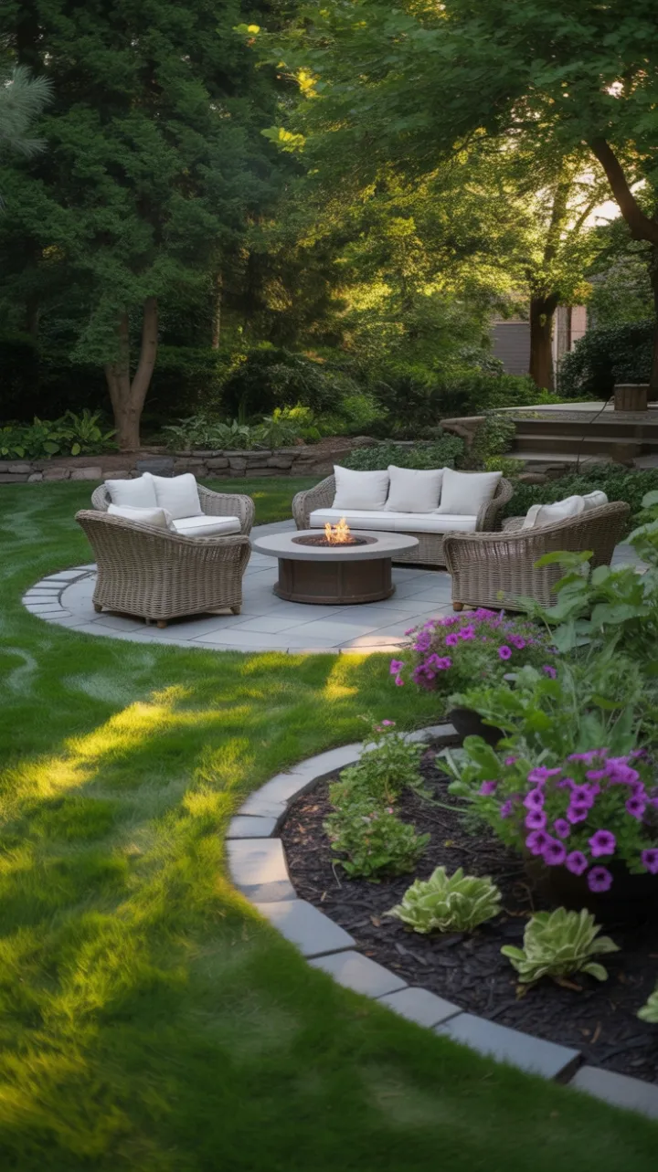 Sunlit Backyard Oasis with Stone Patio, Cozy Fire Pit, and Lush Gardens