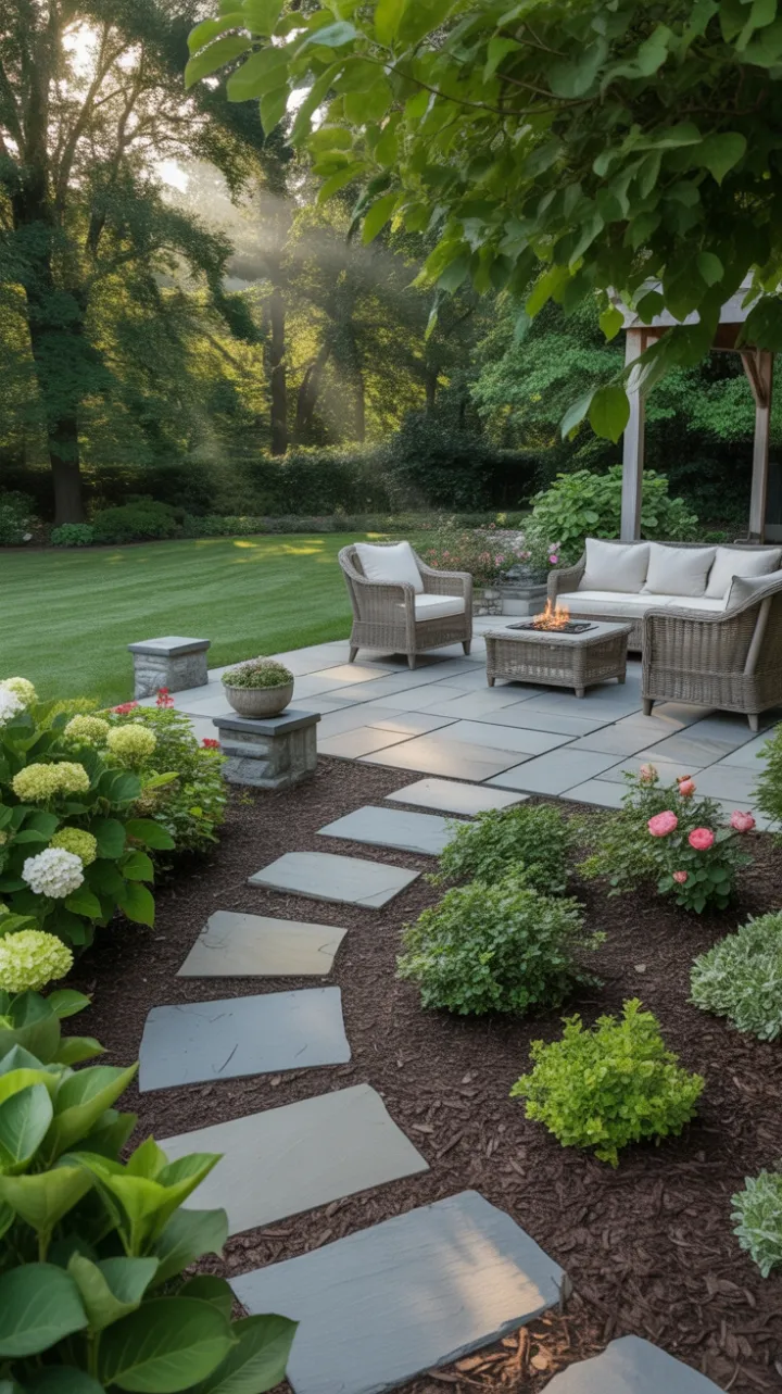 Tranquil Flagstone Retreat with Lush Gardens and Cozy Fire Pit