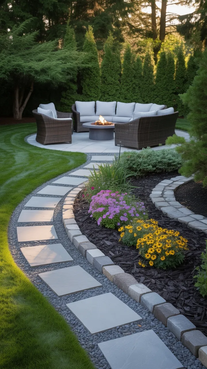 Sunlit Backyard Sanctuary with Curved Stone Path and Cozy Fire Pit