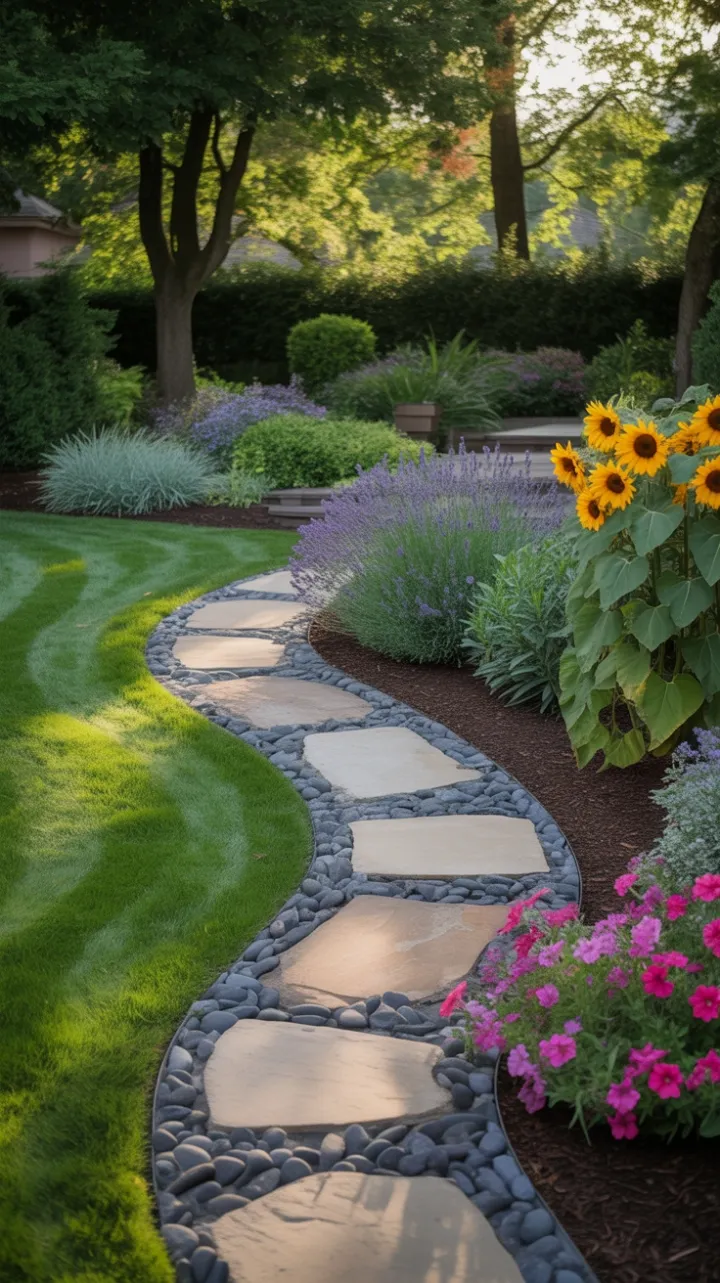 Sunlit Backyard Sanctuary with Winding Stone Path and Blooms