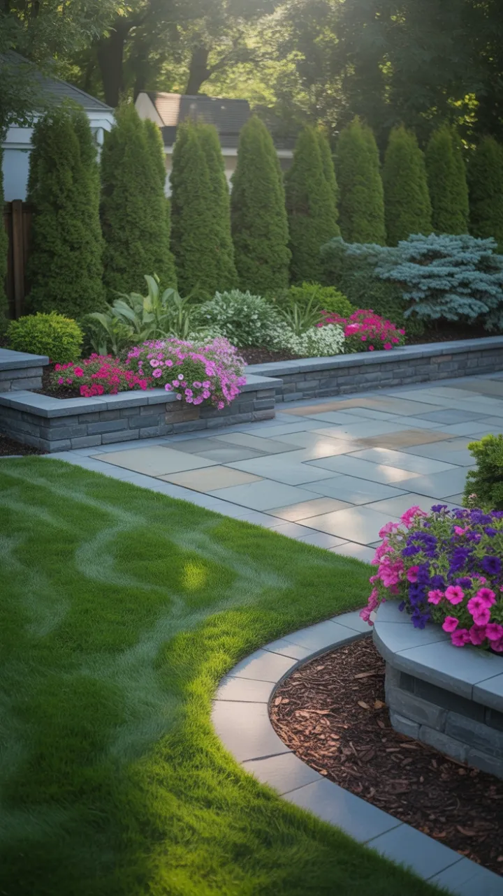 Sunlit Flagstone Patio Framed by Emerald Lawn and Blooming Petunias