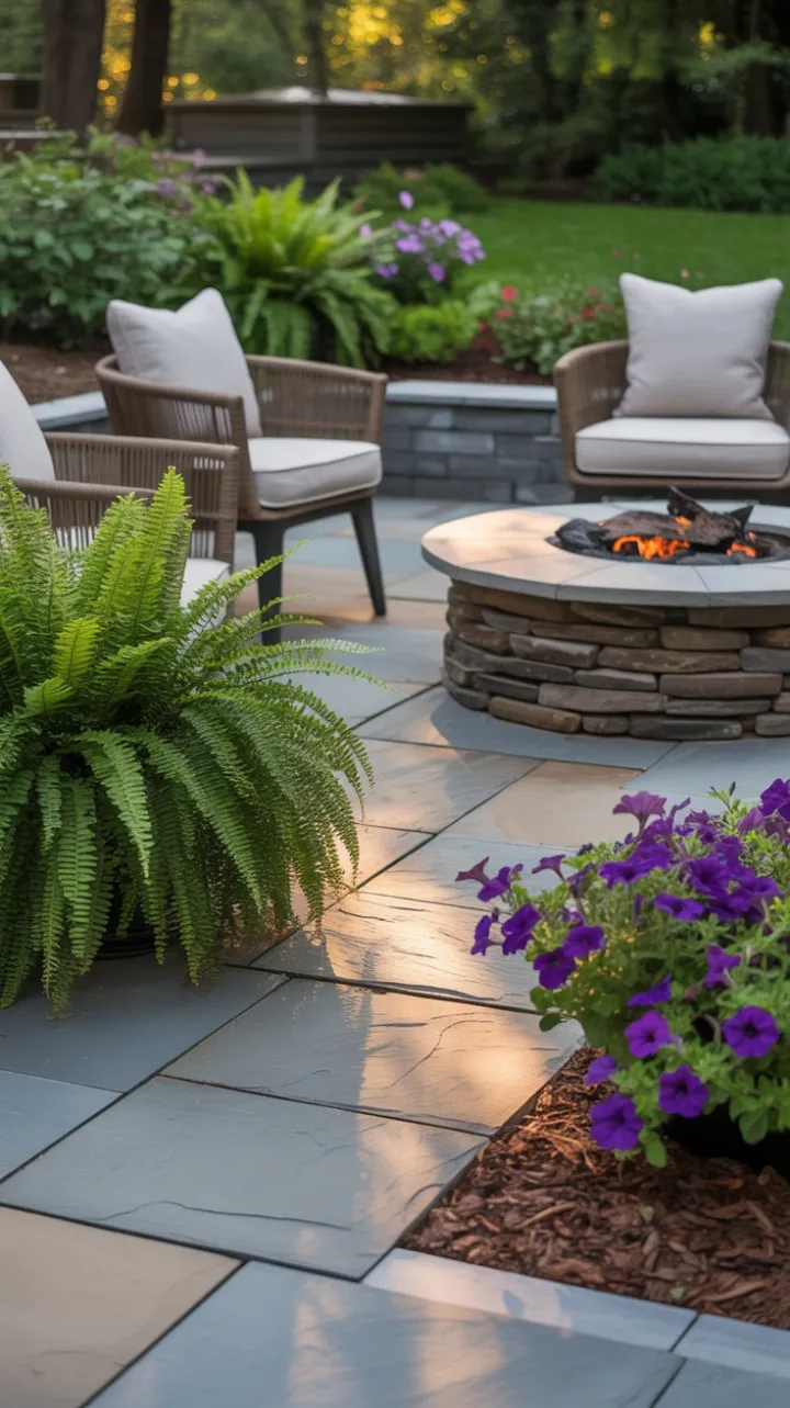Sunlit Flagstone Retreat with Cozy Fire Pit and Lush Gardens