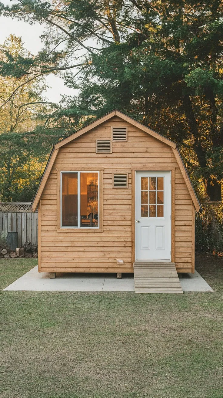 A charming wooden shed with ramp access sits on a concrete slab in a tranquil backyard, offering a peaceful escape for a home office.
