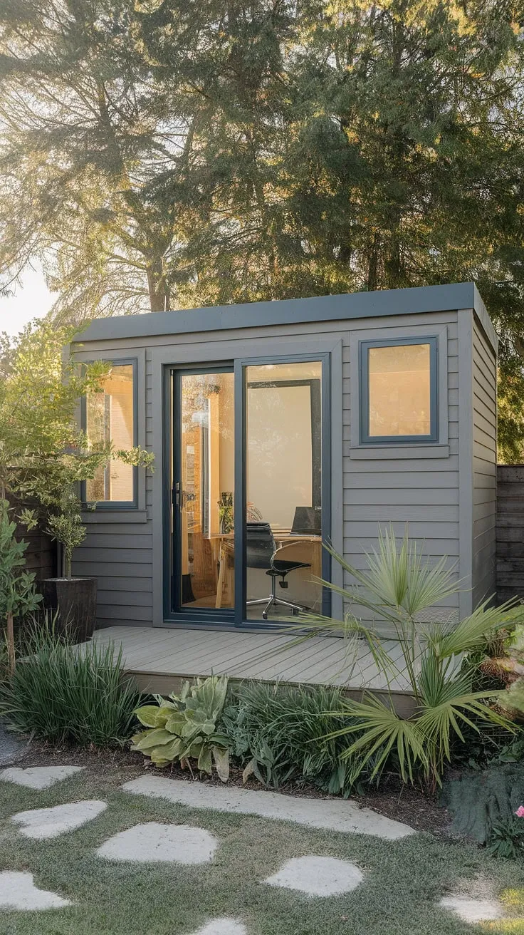 A tranquil backyard garden provides a serene setting for a modern prefab office shed with a wooden deck.