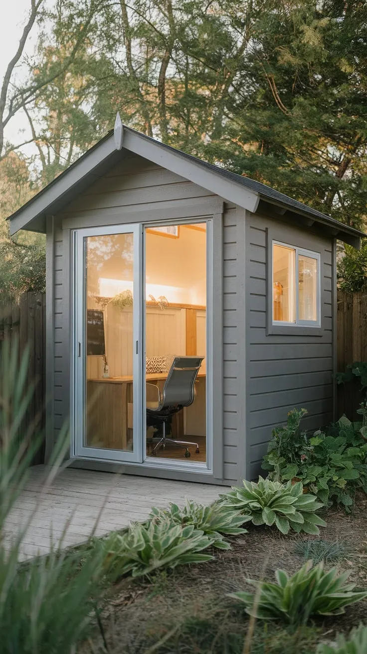 Escape to a serene backyard office nestled in a lush garden