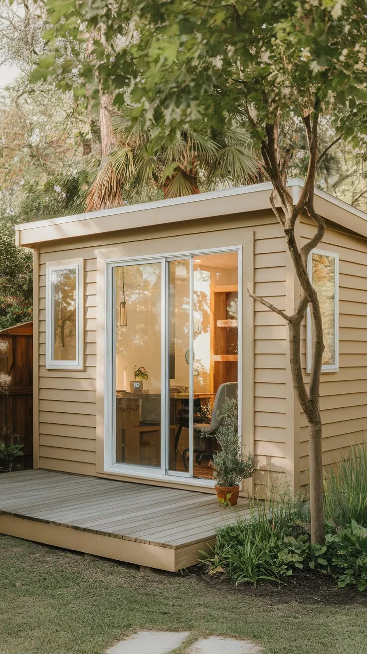A tranquil beige backyard office shed, complete with sliding glass doors and a wooden deck, offers a peaceful escape amidst lush greenery.