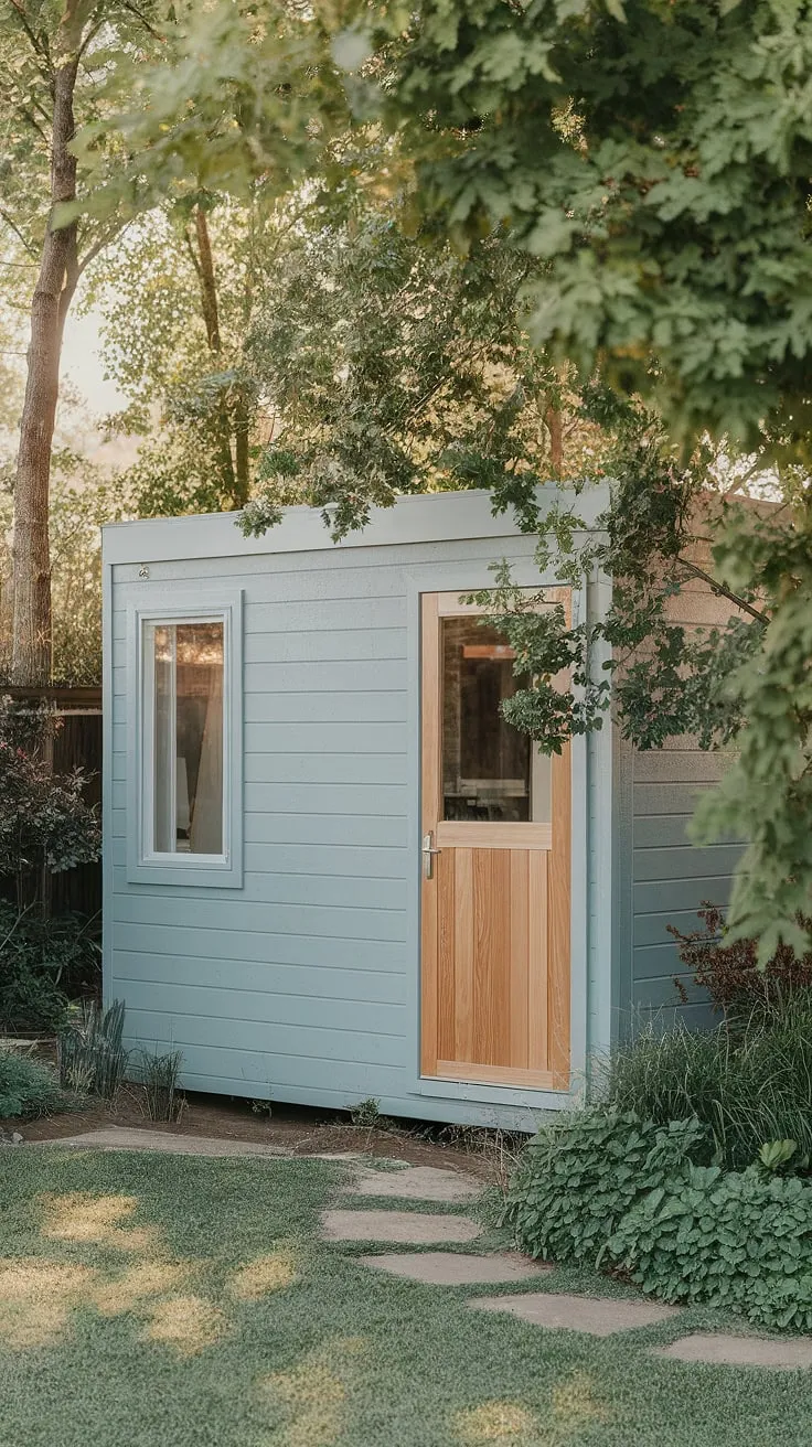 A tranquil backyard oasis features a charming light blue prefab office shed, perfect for peaceful work amidst nature