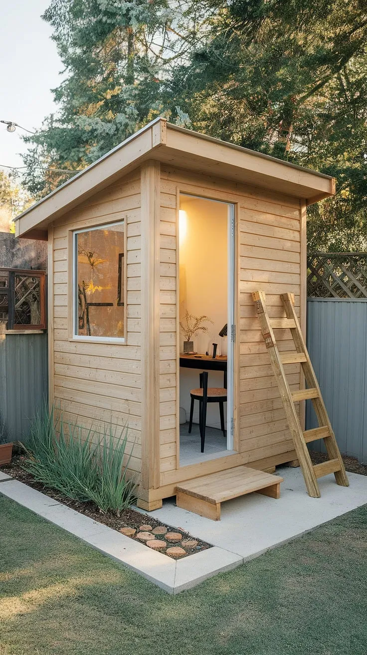A charming wooden backyard shed provides a peaceful and private workspace.