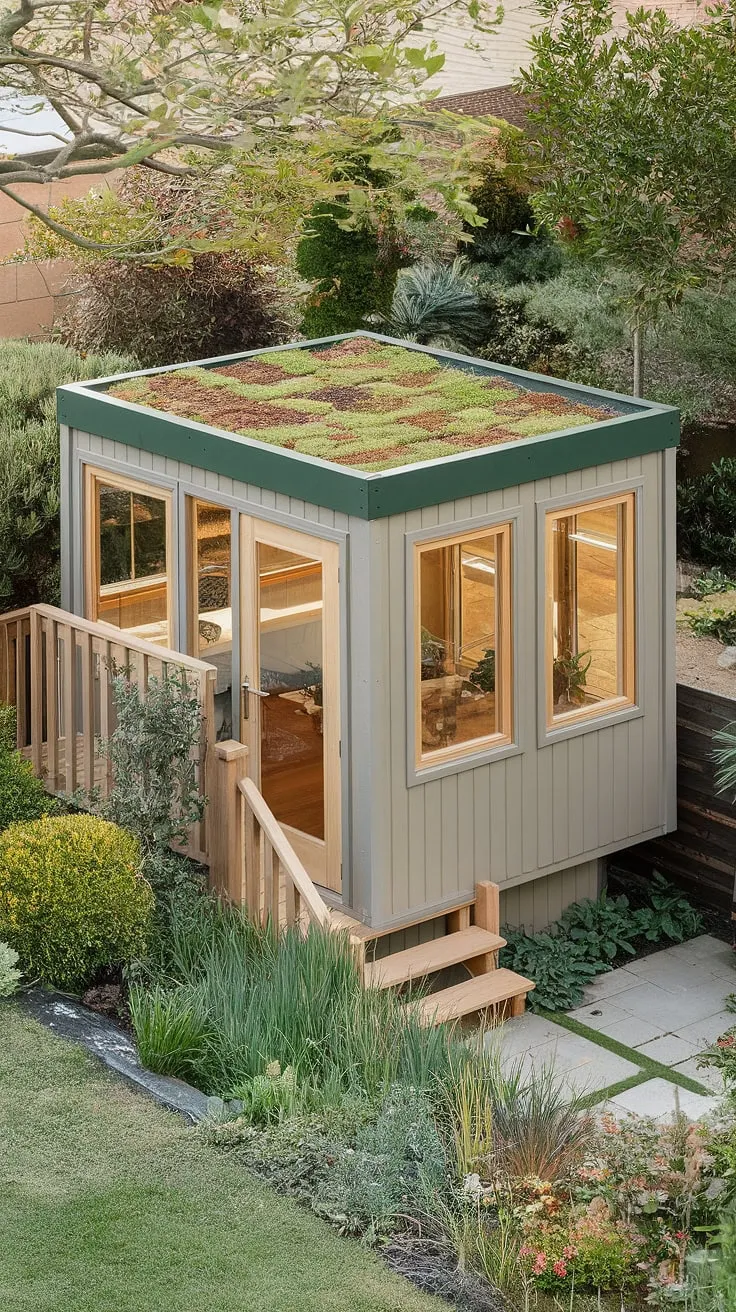 Natural light floods a charming beige garden office, perched atop a wooden staircase and surrounded by flourishing greenery.