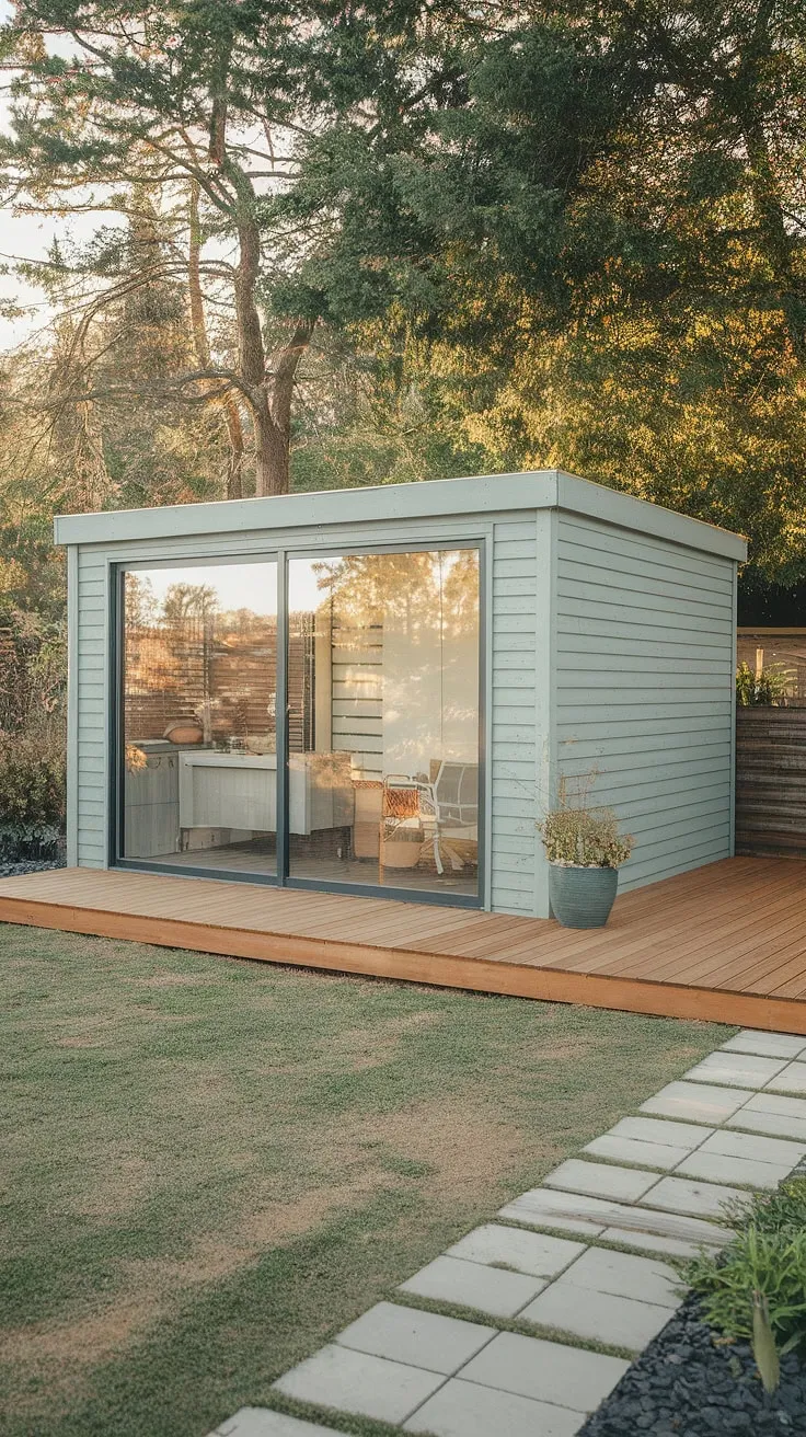 A light blue prefab office shed with large windows and a wooden deck offers a tranquil backyard workspace.