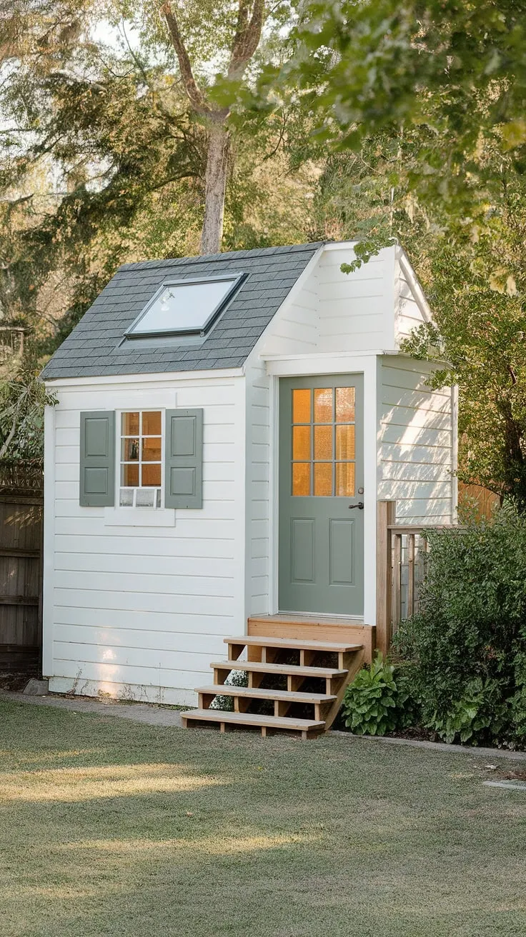 A charming white shed with a green door, accessed by wooden stairs, offers a tranquil backyard office retreat