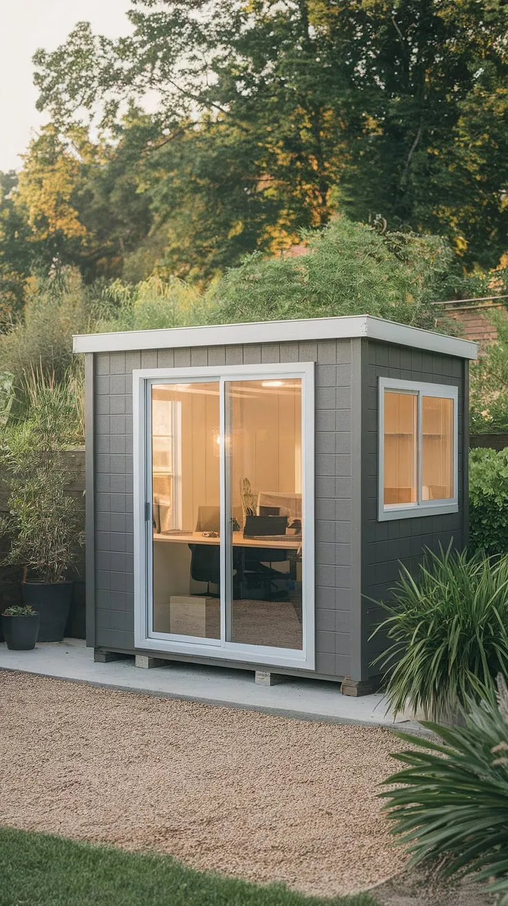 A tranquil backyard office, a prefab shed nestled in a lush garden, offers a peaceful workspace.