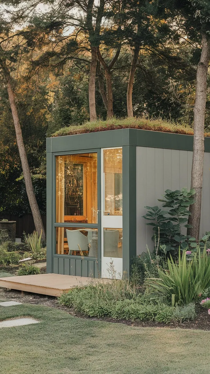 A tranquil green-roofed backyard office, nestled among trees and accessed via a wooden deck, offers a peaceful escape for work and nature.